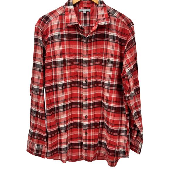 Uniqlo Flannel Shirt Mens Large Red Black Plaid Long Sleeve Button Up Cotton - Picture 1 of 8